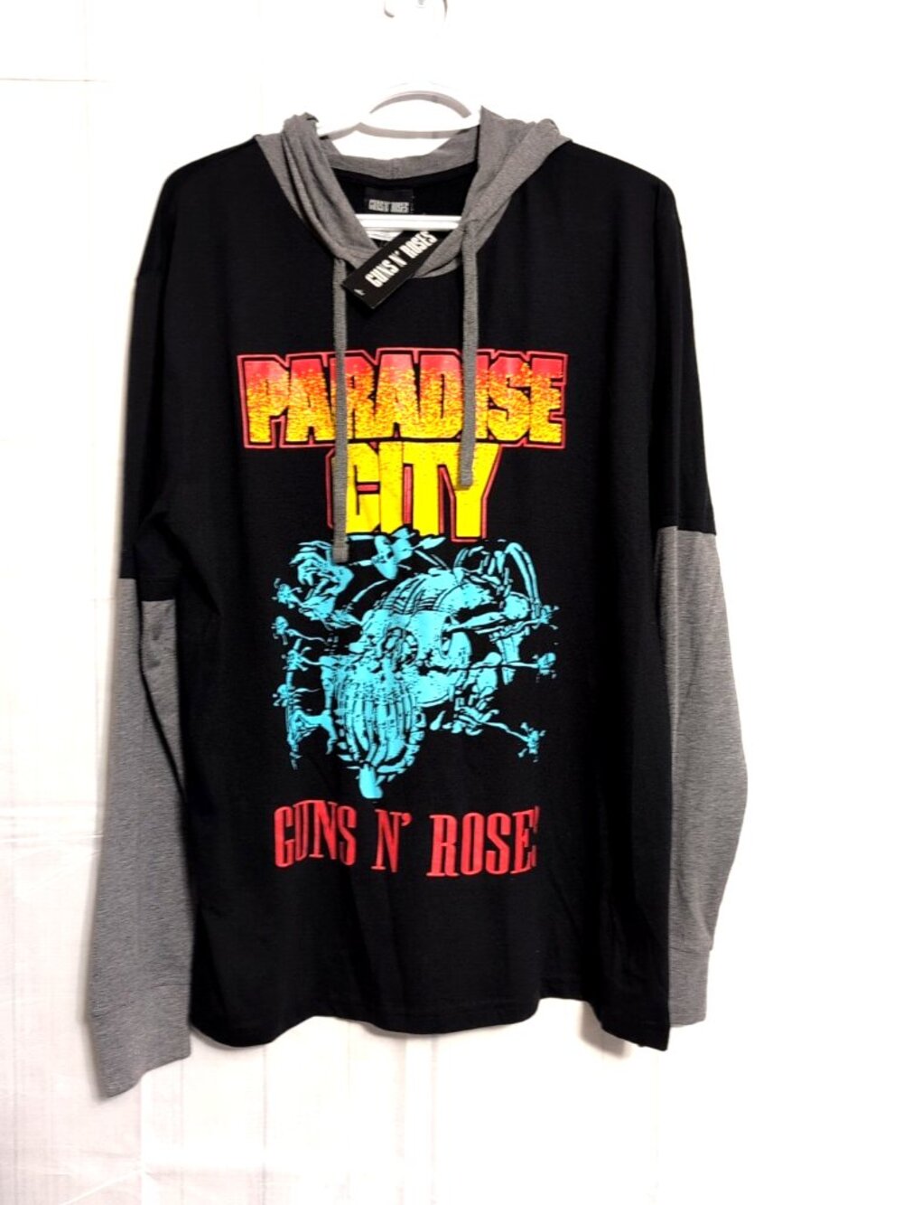 NEW Guns n' Roses Men's Two-Tone Long Sleeve Hooded Graphic Top sz L Black/Grey